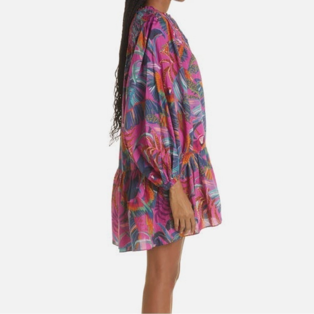 ▶️ Farm Rio ◀️ Tropical Rainbows Macaws Puff Sleeve Mini Dress 🦜 - Picture 4 of 16